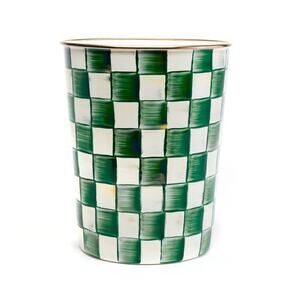MacKenzie-Childs Emerald Check Waste Bin 9.5in Hand Painted NEW